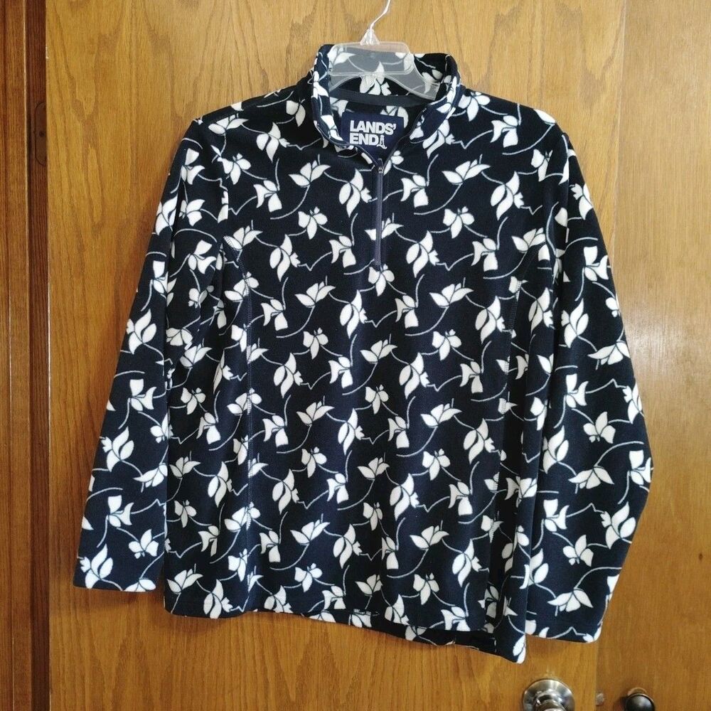 Lands End XL Fleece Shirt Pullover 1/4 Zip Top Sweater Black Floral